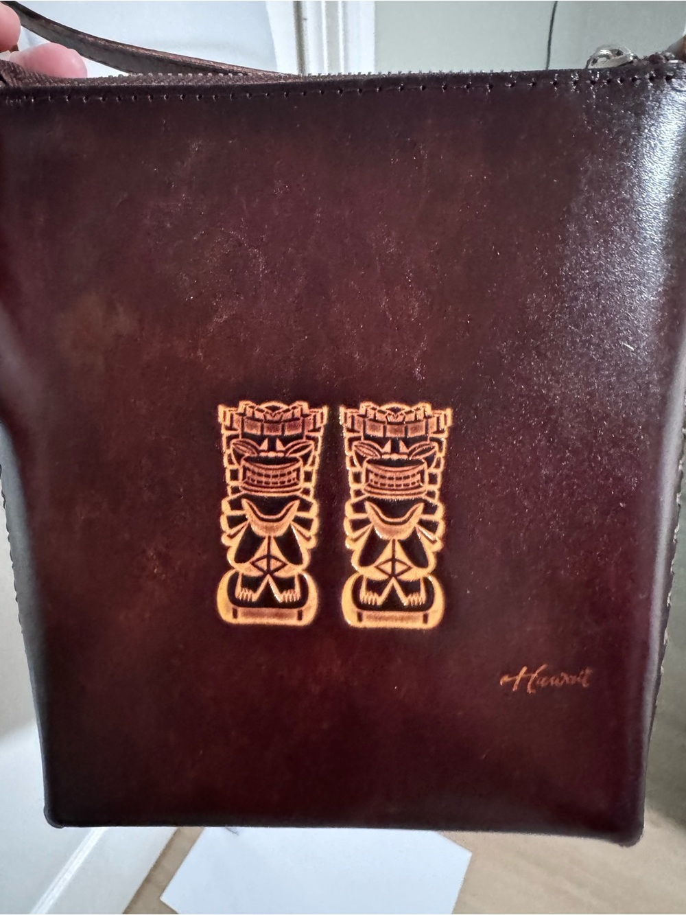 Dark Brown Leather Crossbody Bag with Embossed Tiki Design from Hawaii - Picture 3 of 9